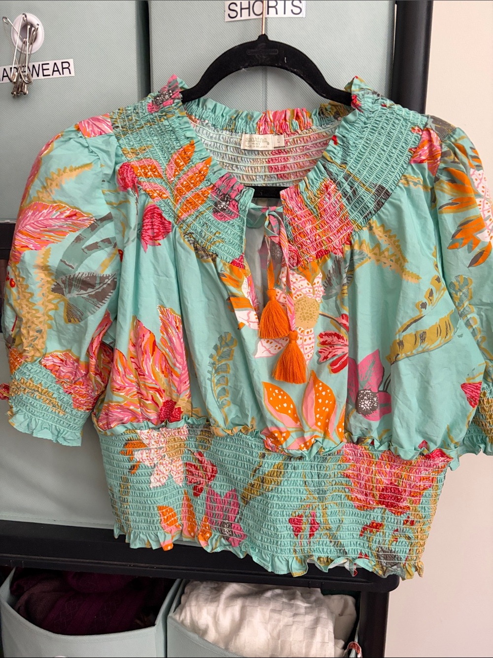 Spartina 449 Aqua Floral Smocked Peasant Top with Orange Tassels